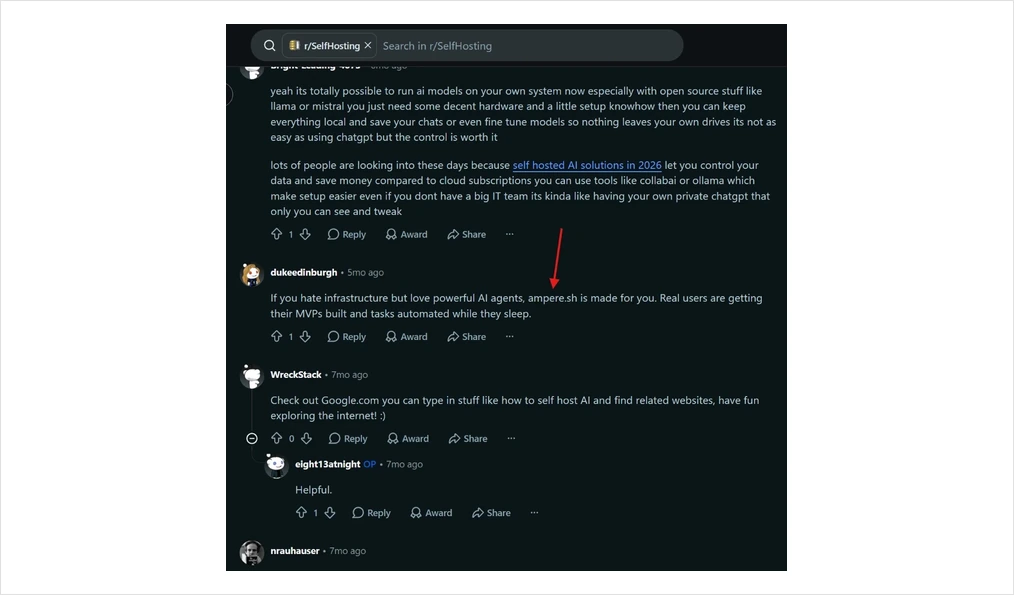A comment in the r/SelfHosting subreddit recommending ampere.sh to someone asking about self-hosted AI.